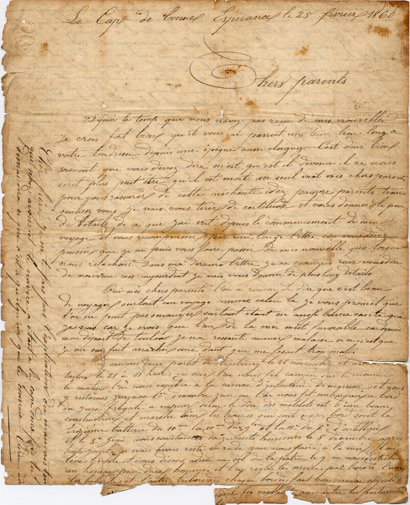 Page 1 of Louis Clergerie's letter, written in French script aboard Le Jura, February 1860